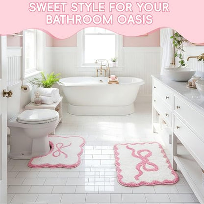 Pink Bow Bathroom Rug Set, 2-Piece Bow Bath Mat and U-Shaped Toilet Rug | Coordinated Tub-and-Toilet Styling; Scalloped Edges; Plush Microfiber; 16 X 24 In + 24 X 20 In; TPR Backing; Washable - color: Pink Bow