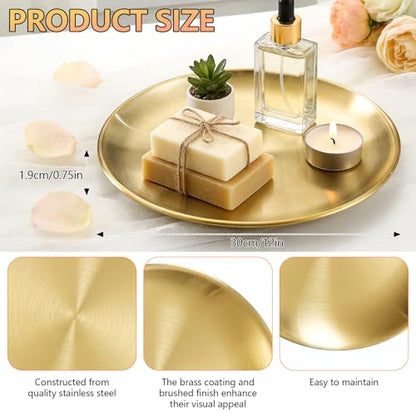 6 Pcs 12 Inch Round Gold Tray - Large Gold Tray Decorative Serving Bar Dish Key Bowl Mirror Dresser Vanity Tray for Jewelry Makeup Organizer, Bathroom, Candle, Perfume, Countertop