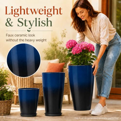 Neoaider Set of 3 Tall Planter, 24/21/12in Large Plastic Planter, Dark Blue | Ceramic-Look, Lightweight, Built-in Drain Hole, Saucers, Tall Outdoor Planter for Porch, Garden, Patio, Balcony - color: Dark Blue