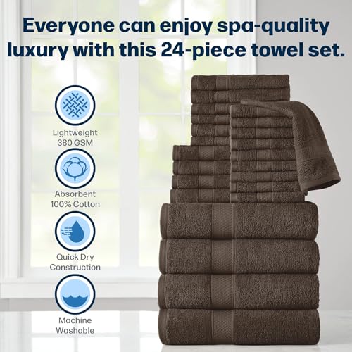 24-Piece Set of Towels, Lightweight 380 GSM Cotton Towels, Quick Drying, Absorbent Hand Towels, Fingertip Towels, Bath Towels, & Washcloths, Cocoa - color: Cocoa