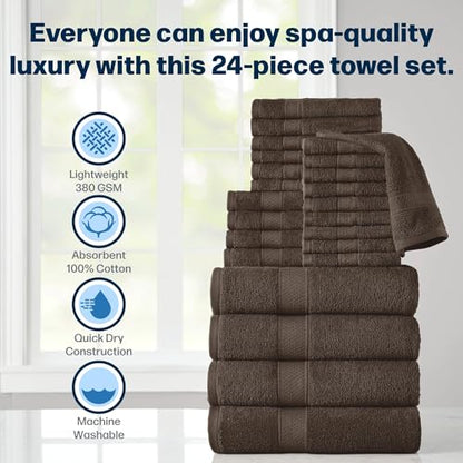 24-Piece Set of Towels, Lightweight 380 GSM Cotton Towels, Quick Drying, Absorbent Hand Towels, Fingertip Towels, Bath Towels, & Washcloths, Cocoa - color: Cocoa