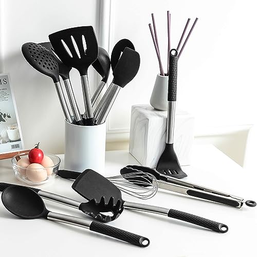 Silicone Cooking Utensil Set: 12 Pieces Kitchen Utensils Non-Stick & Heat Resistance Silicon And Stainless Steel Handles - Black