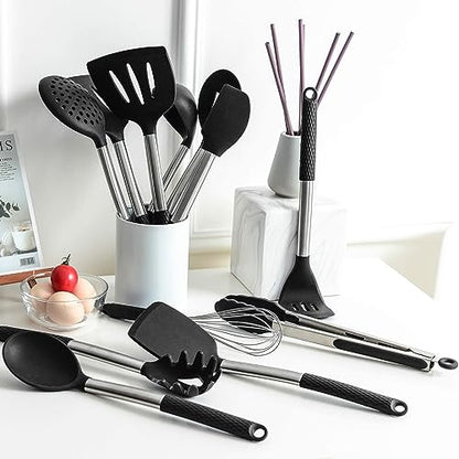 Silicone Cooking Utensil Set: 12 Pieces Kitchen Utensils Non-Stick & Heat Resistance Silicon And Stainless Steel Handles - Black