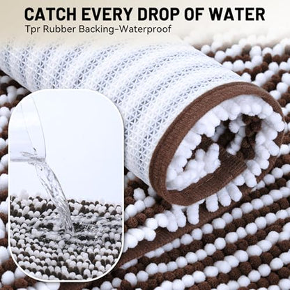 Chenille Bathroom Rugs Set 2 Piece, Absorbent Bath Rugs, Non-Slip Bath Mats, Machine Washable Rugs for Bathroom Floor, Tub and Shower, Coffee&White (20 × 32 Plus 17 ×24 - Inch) - color: Brown &White