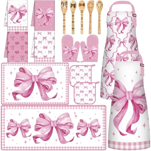 Bencailor 17 Pcs Pink Bow Kitchen Sets Washable and Non-Slip Kitchen Rug and Mat Pink Bow Mitts and Pot Holders Pastel Theme Apron Dish Towels Wooden Spoons for Home Decoration Housewarming Gifts - color: Pink Bow