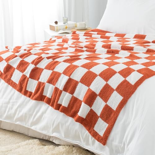 Carriediosa Checkered Throw Blanket 50x60, 400GSM Ultra Soft Microfiber | Rust, Fuzzy Fluffy Cozy Plush Knit Knitted Plaid Checker, Lightweight Cute Preppy Fall Blankets & Throws for Couch, Bed - color: Check - Rust, size: 50" X 60"