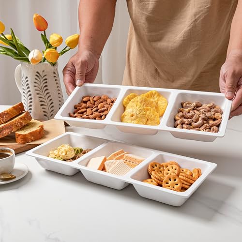 Divided Serving Tray, 14.75”x 6” Reusable 3-Section Party Platters, Condiment Serving Dishes for Entertaining, Ideal for Snacks, Appetizers, Fruit, Candy, Chip & Dip Set,White - color: Bright White 3 Section Tray