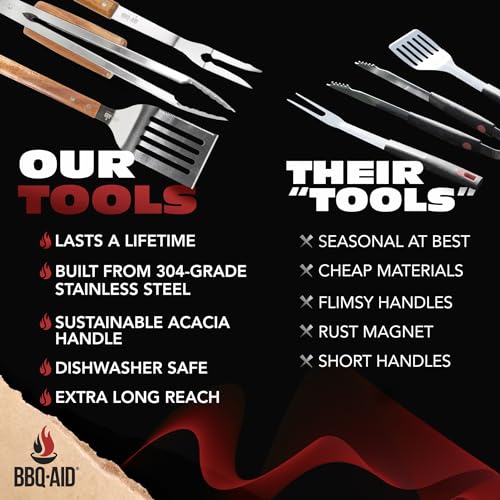 3 piece BBQ Grilling Accessories Set - BBQ Tongs Spatula Fork Set - Heavy Duty Stainless Steel Barbecue Grill Tools with Solid Hard Wood Handles Great Gift Set