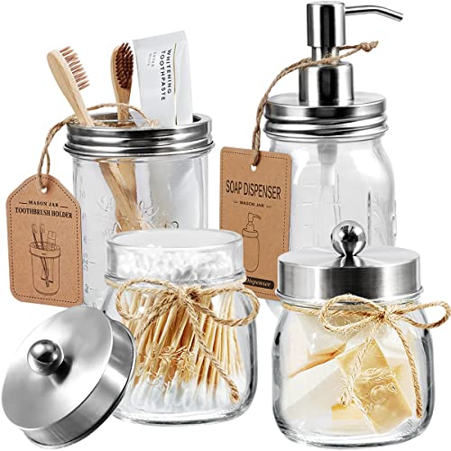 Amolliar Mason Jar Bathroom Accessories Set, 4 PCS Glass Bathroom Set | Lotion Soap Dispenser, 2Qtip Holder, Toothbrush Holder, Farmhouse Rustic Bathroom Decor, Countertop Organizer, Brushed Nickel - size: Brushed Nickel, style: Standard-mouth