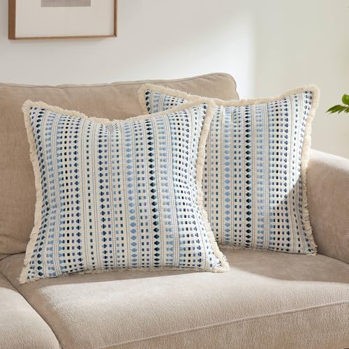Embroidered Throw Pillow Cover Set of 2, Spring Summer Boho Farmhouse Decorative Pillow Case with Tassels, Textured Cushion Cases for Sofa Living Room Home Decor (Blue, 18" x 18") - color: Blue, size: 18" x 18" (Pack of 2)
