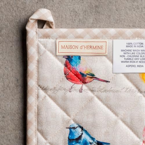 Maison d' Hermine 100% Cotton Oven Mitt & Pot Holder Set (7.5"x13" & 8"x8") | Heat Resistant BBQ Cooking Gloves with Loop Baking Grilling Kitchen Hotel Home Farmhouse Spring Summer - Birdies on Wire - color: 003 - Birdies on Wire, size: 7.5" x 13" & 8" x