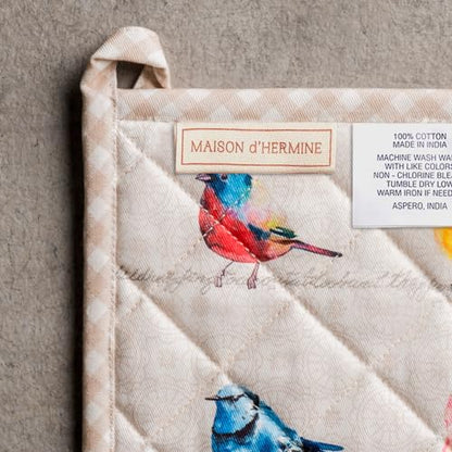 Maison d' Hermine 100% Cotton Oven Mitt & Pot Holder Set (7.5"x13" & 8"x8") | Heat Resistant BBQ Cooking Gloves with Loop Baking Grilling Kitchen Hotel Home Farmhouse Spring Summer - Birdies on Wire - color: 003 - Birdies on Wire, size: 7.5" x 13" & 8" x