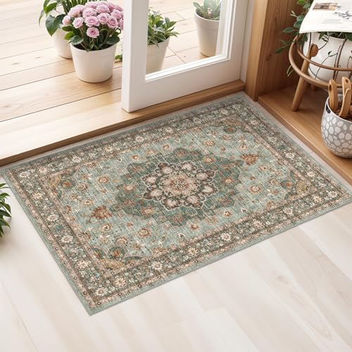 2x3 Washable Entryway Rug: Green Vintage Floral Distressed Low Pile Carpet | Non Slip Floor Oriental Carpet for Kitchen Bathroom Laundry Room - Small Soft Ultra Thin Throw Door Mat for Boho Chic Decor - color: Green, size: 2' x 3' (Rectangular)