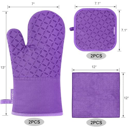 KEGOUU Oven Mitts and Pot Holders 6pcs Set, Kitchen Oven Glove High Heat Resistant 500 Degree Extra Long Oven Mitts and Potholder with Non-Slip Silicone Surface for Cooking (Purple) - color: Purple