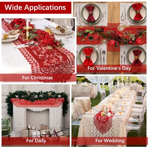 Christmas Table Runner Lace Table Runner Red Christmas Runner for Table Laces Runner Crochet Lace Table Runner Dresser Scarf Rectangular Laces Doilies for Christmas Wedding Home Dining Table Decor - size: 13 x 59 Inch, style: Red