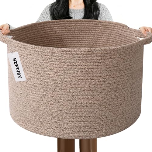 115L Large Blanket Basket,Woven Rope Laundry Basket-Brown | Collapsible, reinforced handles, nursery storage bin organizes clothes, toys and pillows for living room, bedroom bathroom. - color: Brown, size: 23.6"L x 23.6"W x 15.7"H(115L)