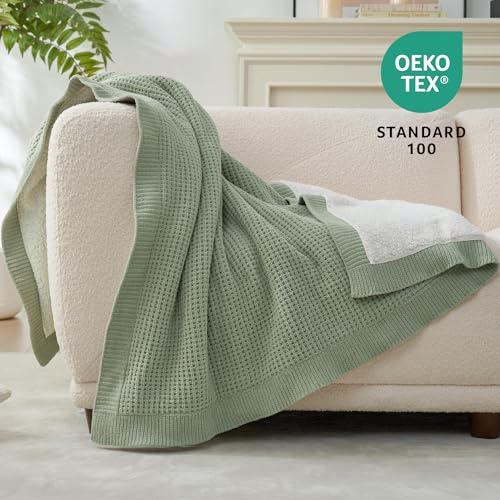 Reversible Waffle Weave Throw Blanket, Chenille Knit with Warm Sherpa, Soft Cozy Blanket for Couch, 50"x60", Sage Green - color: Waffle-sage Green