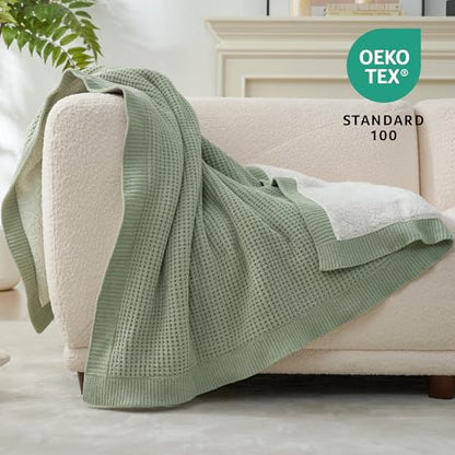 Reversible Waffle Weave Throw Blanket, Chenille Knit with Warm Sherpa, Soft Cozy Blanket for Couch, 50"x60", Sage Green - color: Waffle-sage Green