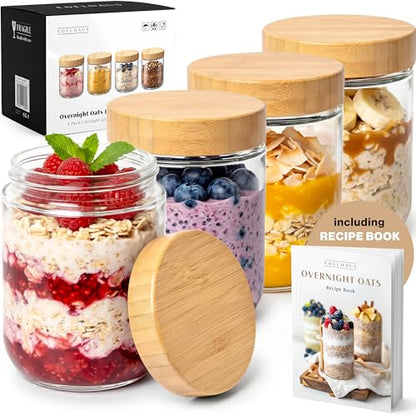 Overnight Oats Containers with Lids - Glass Mason Jars, Meal Prep | Bamboo Wood, Airtight Silicone Seal Set of 4 - Stackable for Chia Pudding, Yogurt, Cereal, Oatmeal, Salad, Pantry Storage - color: 4 pack - Bamboo Lid no Spoons