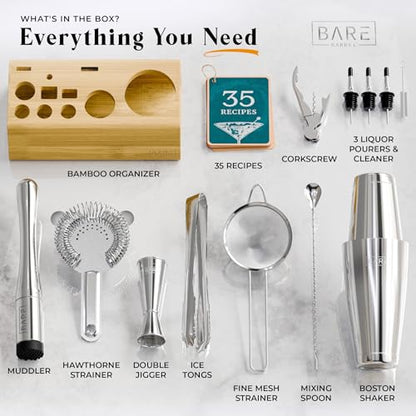 BARE BARREL® Mixology Bartender Kit Bar Set | 14-Piece Cocktail Shaker Set | Martini Barware Mixing Tools for Home Bartending | Incl. 35 Recipe Cards | Gift Set (28oz Boston Shaker, Silver/Natural) - color: Silver/Natural