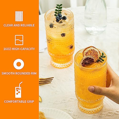KEMORELA Elegant Highball Glassware Set - 16oz XL Glasses - Mixed Drinks, Iced Coffee, Beer, Juice, Water - Hobnail, Beaded Designs - Set of 4 | Stylish Collection for Any Occasion - color: 4PCS-16oz