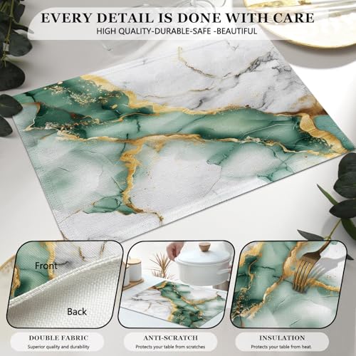 Mcalk Green Marble Table Runner and Placemats Set of 6, Marble Print Placemats, Modern Cloth Place Mats Indoor for Kitchen,Washable Linen Material for Dining Table - color: 02green
