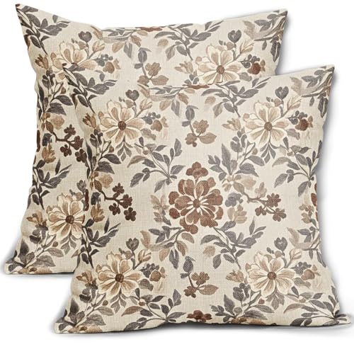 Brown Vintage Floral Pillow Covers 18x18 Inch Set of 2, Grey Gray Antique Flower Block Print Pattern Decorative Throw Pillowcases Outdoor Farmhouse Cushion Covers Art Decor for Sofa Couch Bed - color: Brown Grey, size: 18" x 18" (Pack of 2)