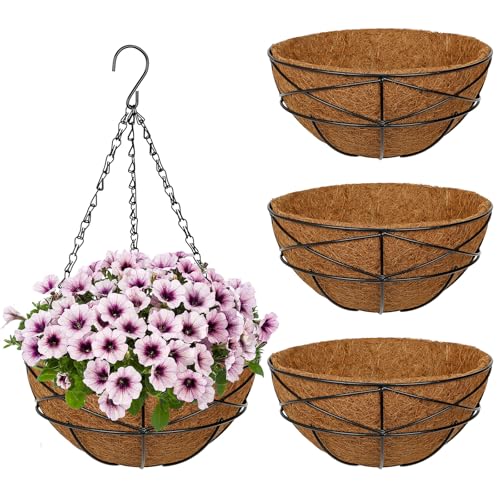 4 Pack 10 inch Metal Hanging Baskets for Plants Outdoor Metal Wire Hanging Basket Planter with Coco Fiber Liners Flower Pots for Home Porch Garden Patio, Diamond-Shaped - size: 10" x 4 Pack, style: Diamond