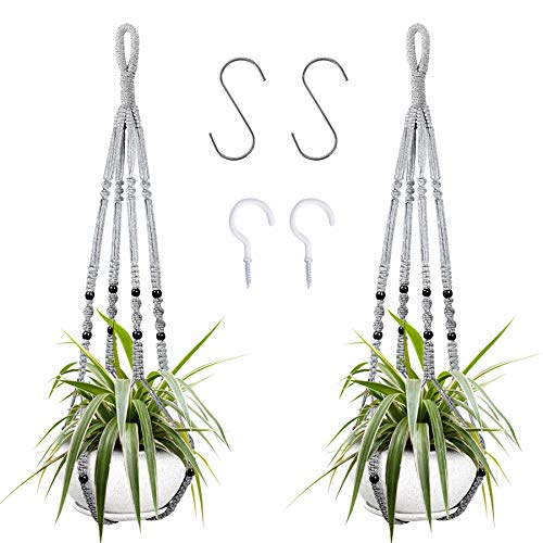 2 Packs Macrame Hanging Planter, Indoor Hanging Planter Basket with Wood Beads Decorative Macrame Pot Hanger for Home Decor (Grey) - color: Gray, size: 35 Inches