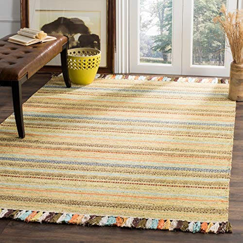 SAFAVIEH Area Rug 8x10 - Montauk Collection - Large - Green & Multi, Handmade Cotton, Boho Stripe Fringe Design, Ideal for Living Room, Bedroom, Office, Dining Space (MTK901G) - color: Green/Multi, size: 8' x 10' (Rectangular)