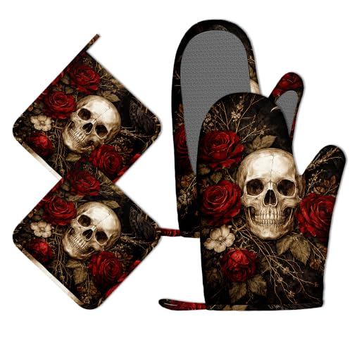 Oven Mitts and Pot Holders Gothic Skull Floral Silicone Kitchen Accessories Set of 4 Heat Resistant Gloves Potholder Non-Slip Grip for Chef Cooking Baking Grilling BBQ - color: Gothic Skull Floral