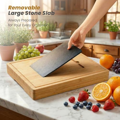 Extra Large Bamboo Charcuterie Board, 3-Layer Pull-Out Cheese Trays | 33.7"x15.7" 3-Layer Pull-Out Cheese Board with Slate Plate, Knife Set, Bowls, Ideal for Home Parties and Housewarming Gifts - color: Natural Bamboo