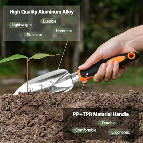Stainless Steel Garden Tool Set，3 Pieces, Including Hand Shovel & Transplant Shovel & Hand Rake with Non-Slip Soft Ergonomic Handle (Orange) - color: orange