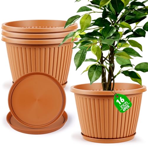 Large-Planter-Indoor-Outdoor Plant Pots, 16 inch 4 Pack Plastic Flower Pots with Saucer And Drainage Holes, Modern Garden Planters For Planting Medium Large Plants, Decorative Resin Garden Pots - color: Terracotta, size: 16 inch