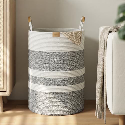Nunsino 95L Striped Laundry Hamper with Leather Handles,Large Foldable Laundry Basket for Clothes,Cotton Rope Storage Bin for Blankets,Woven Clothes Basket for Bedroom,Gray Stripes - color: Grey&White, size: 95L/25.1Gal