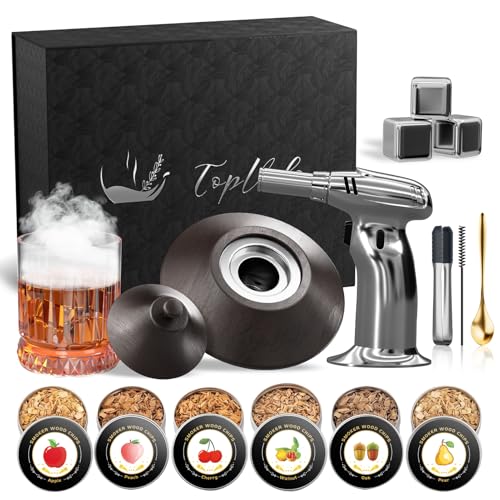 Cocktail Smoker Kit with Torch and Whiskey Glass, 6 Flavors Wood Chips and 3 Whisky Stones for Whiskey & Bourbon, Gift for Husband, Birthday Gift (No Butane) - color: Black