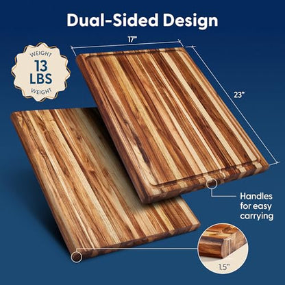 Sonder Los Angeles Highland Teak Wood Extra Large Cutting Board 23x17x1.5" | Non-toxic, Edge Grain, Juice Groove, Built-in Handles, Gift Box Included, Heavy Duty BBQ Board, 13 lbs - color: Highland | Teak | Edge Grain