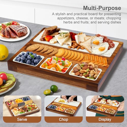 Charcuterie Board Set Premium Large Acacia Wood Cheese Platter with Reusable Bowls, Cheese Knives and Forks - Housewarming, Wedding, Bridal Shower, Birthday Gifts - size: Large 16" Cheese Board