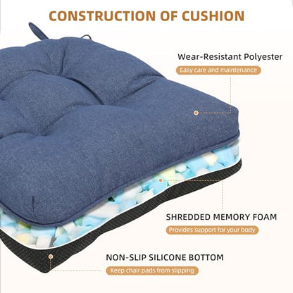 RACE LEAF Indoor Chair Cushions 4 Pack, Tufted Memory Foam Dining Room Chair Pads with Ties and Non-Slip Backing, Kitchen Seat Cushions 15.5" X 15.5" Navy - color: Navy