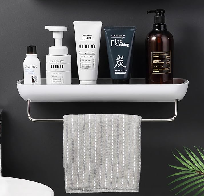 Bathroom Organizer - Wall Mounted Shower Caddy Shelf - with Towel Bar - Extra Strong Self Adhesive - No Drilling - Easy Drainage - Rustproof. (White/Gray) - color: White / Gray