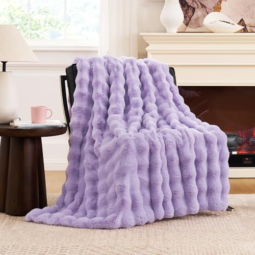 Cozy Bliss Faux Fur Throw Blanket for Couch, Fuzzy Soft Plush Thick Bubble Blanket for Sofa Bedroom Living Room, 50 * 60 Inches Lavender Purple - color: Lavender Purple, size: Throw(50" x 60")