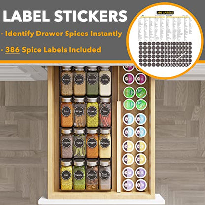 SpaceAid Spice Drawer Organizer with 16 Spice Jars, 386 Spice Labels, 4 Tier Seasoning Rack Tray Insert for Kitchen Drawers, 7.5" Wide x 17.5" Deep - size: 16 Jars, 7.5" Wide