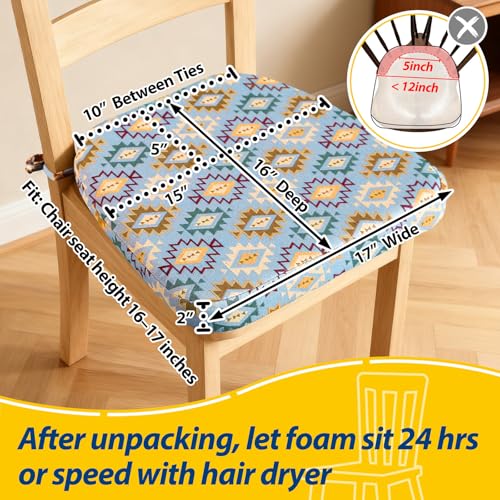 AAAAAcessories D-Shaped Chair Cushions, 2" Thick Dining Chair Pads with Ties and Removable, Machine-Washable Cover, 17" x 16", Set of 6, Geometric Blue - color: Geometric Blue, size: 6 Count(Pack of 1)