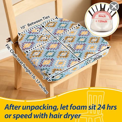 AAAAAcessories D-Shaped Chair Cushions, 2" Thick Dining Chair Pads with Ties and Removable, Machine-Washable Cover, 17" x 16", Set of 8, Geometric Blue - color: Geometric Blue, size: 8 Count(Pack of 1)