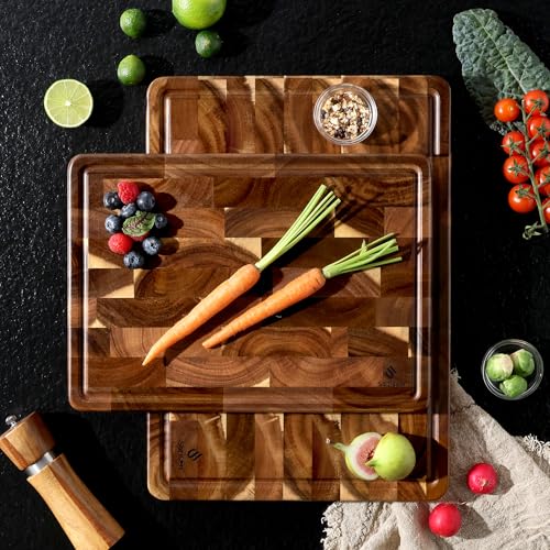 End Grain Cutting Board Set of 2 with Non-slip Feet, Reversible Acacia Wood Cutting Boards for Kitchen with Juice Grooves and Handles Non Toxic Chopping Board Butcher Block Serving Tray Kitchen Gift - size: Multiple Sizes (Set of 2)
