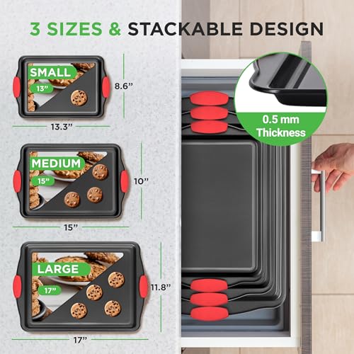 NutriChef 3‑Piece Nonstick Cookie Sheets – Carbon Steel Baking Sheet Set with Non Stick Coating & Red Silicone Handles – Oven Pans for Family Baking - size: 3-Piece Set