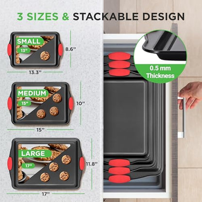 NutriChef 3‑Piece Nonstick Cookie Sheets – Carbon Steel Baking Sheet Set with Non Stick Coating & Red Silicone Handles – Oven Pans for Family Baking - size: 3-Piece Set