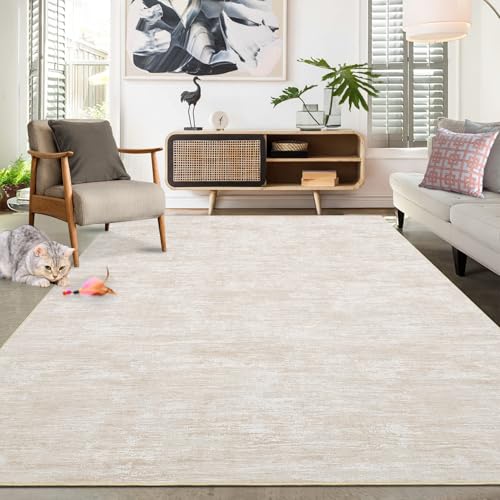 Living Room Area Rug 9x12 Machine Washable Rug Non-Slip Stain Resistant Modern Abstract Bedroom Rug Contemporary Throw Floor Carpet for Dining Room Solid Area Rug for Home Office, Beige - color: Beige, size: 9' x 12' (Rectangular)