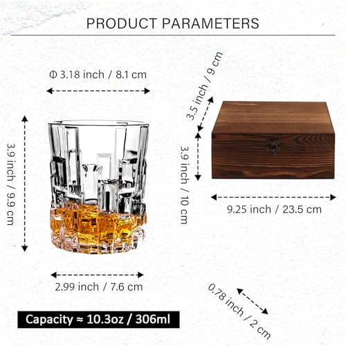 Whiskey Glasses Gift Box - Set of 2 Whiskey Rocks Glasses with 8 Chilling Stones - Perfect Scotch Glass for Father's Day, Men, Bourbon Lovers & Retirement Gifts in a Luxurious Wooden Box