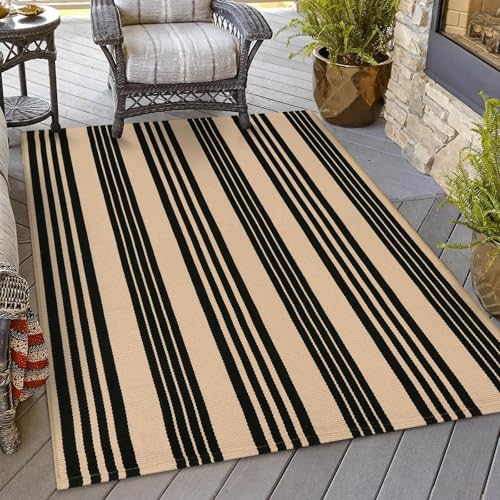 Outdoor Area Rugs 4'x6', Black and Tan Outdoor Patio Rug Porch Decor | Machine Washable Patio Rug Cotton Woven Entryway Rug Indoor Outdoor Rugs for Bedroom/Porch/Deck/Backyard/Camping/Living Room - color: Tan/Black Stripe, size: 4' x 6' (Rectangular)